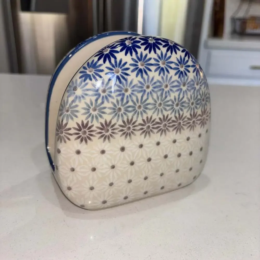 Blue Rose Polish Pottery Napkin Holder in Floral Gradient Pattern